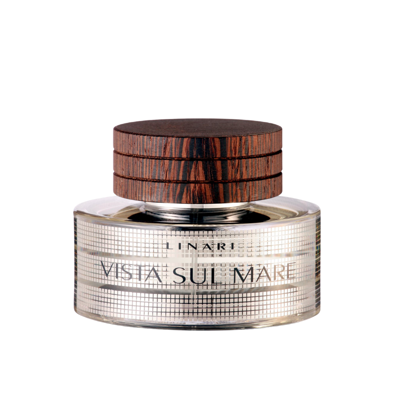 Linari Vista Sul Mare Eau de Parfum, eleganter Parfumflakon mit silbernem Design und dunklem Holzdeckel, modern und maritim inspiriert, erhältlich bei scent amor.