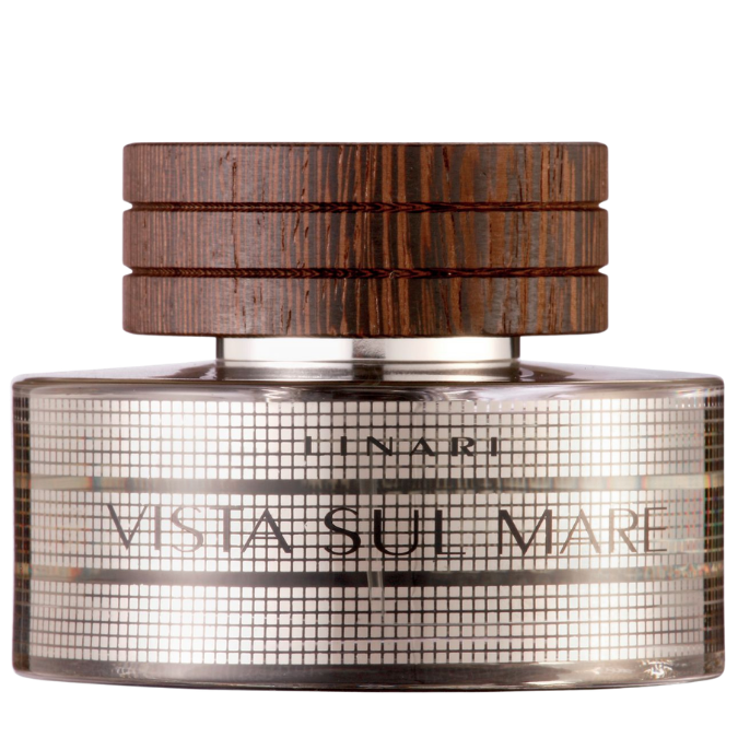 Linari Vista Sul Mare Eau de Parfum, eleganter Duftflakon mit silbernem Rasterdesign und Holzdeckel, frisch und modern, erhältlich bei scent amor.