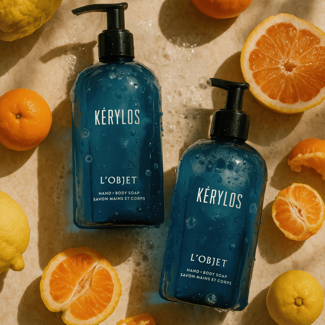 L’Objet Kérylos Hand + Body Soap, luxuriöse Seife mit sonniger Zitruskomposition und maritimen Akzenten, zeigt zwei elegante blaue Flaschen mit frischen Früchten, erhältlich bei scent amor.