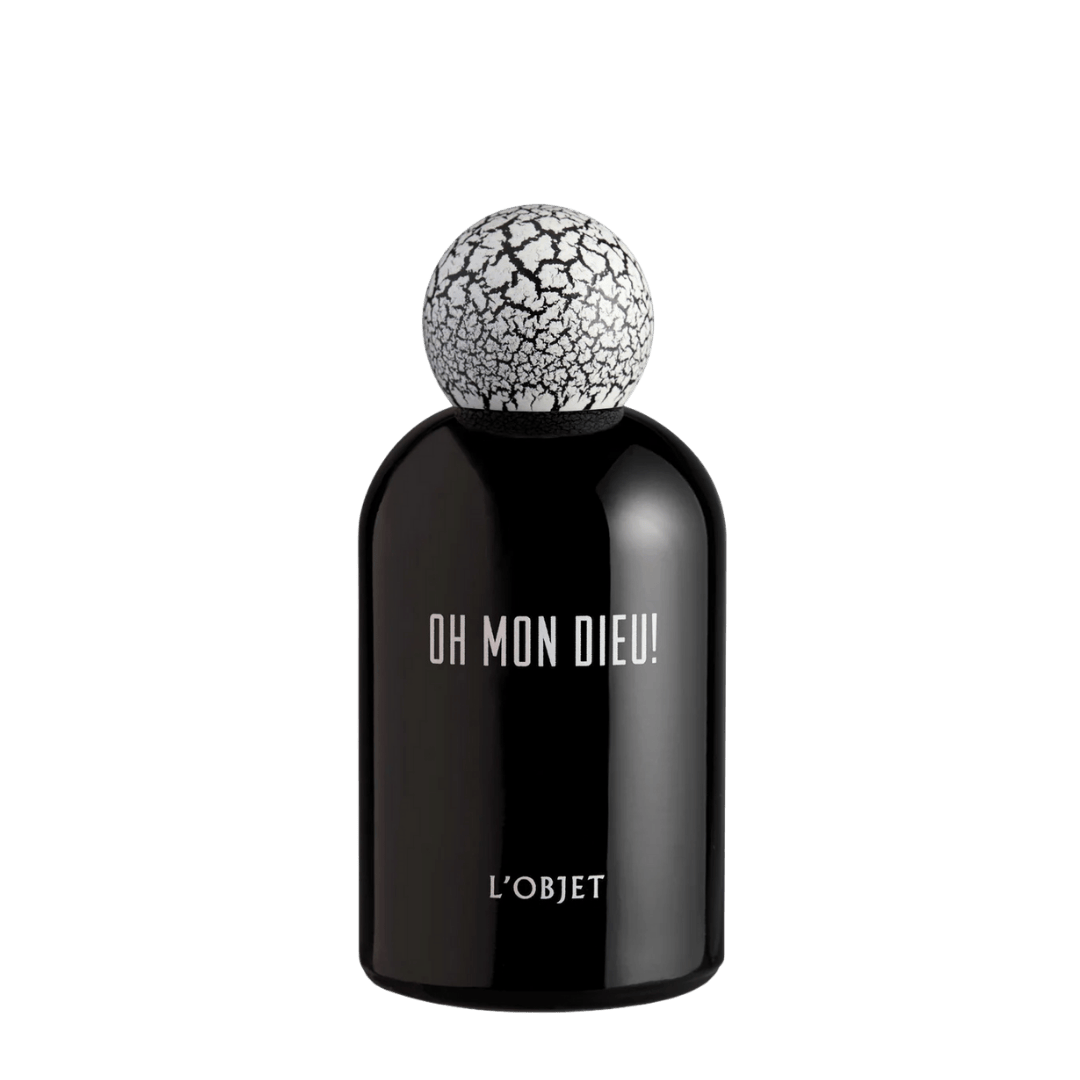 L’Objet Oh Mon Dieu! Eau de Parfum, schwarzer Flakon mit silberner Strukturkappe, ein betörender Duft voller Glamour, Sinnlichkeit und französischer Raffinesse, erhältlich bei scent amor.