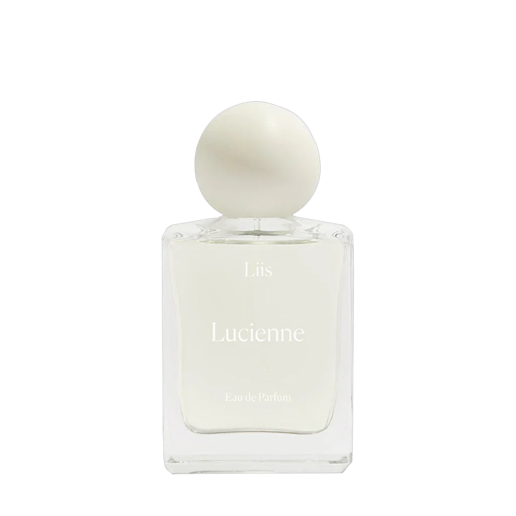 Parfümflasche "Lucienne" von Liis, rechteckig, transparent mit weißem Kugelverschluss, Aufschrift in Weiß.