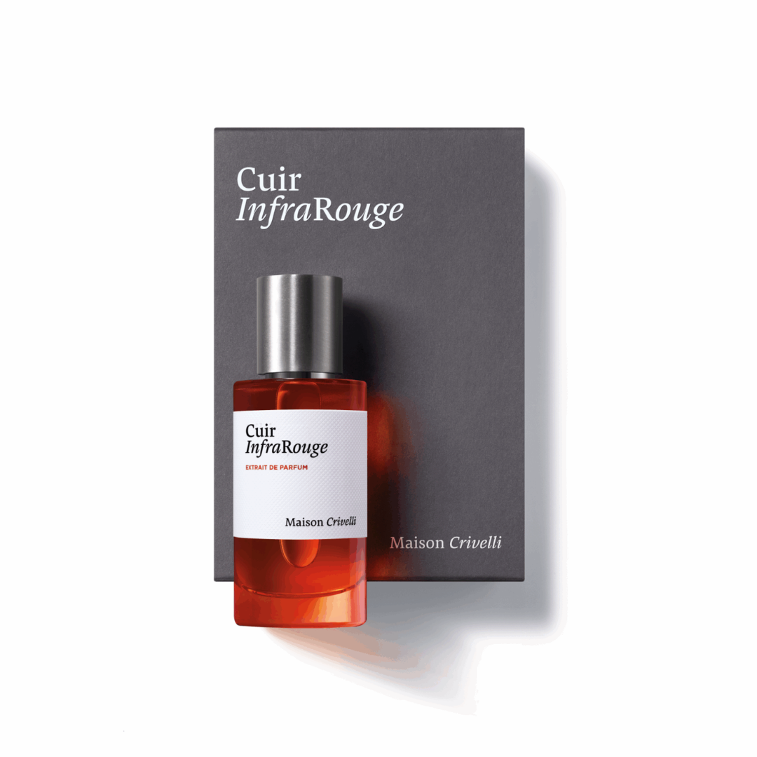 Maison Crivelli Cuir Infrarouge Extrait de Parfum – Flakon vor der Verpackungsbox, elegante Präsentation eines luxuriösen Nischenparfums bei scent amor