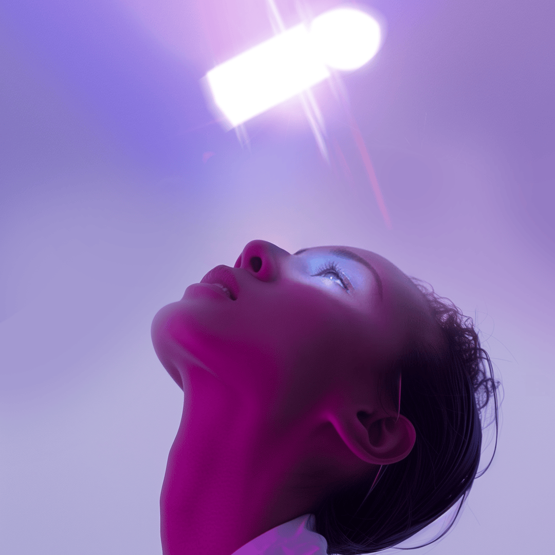Mayhap Eveil Elementaire Eau de Parfum, abstrakte Inszenierung mit Gesicht im violetten Licht, strahlend, ätherisch und sinnlich, erhältlich bei scent amor.