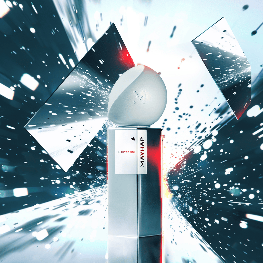 Mayhap L’Autre Moi Eau de Parfum, futuristische Inszenierung mit Lichtstrahlen und abstrakten Spiegelungen, dynamisch und modern, erhältlich bei scent amor.