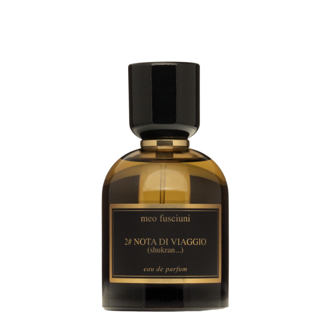 Meo Fusciuni 2# Nota di Viaggio (Shukran…) Eau de Parfum als freigestellten Flakon mit dunklem Glas und goldener Typografie, erhältlich bei scent amor.