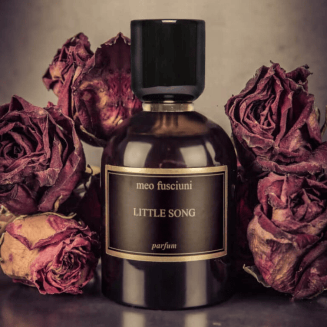 Duftbild mit dem Eau de Parfum Little Song von Meo Fusciuni und getrockneten Rosen, pudrig-floraler Duft mit nostalgischer Tiefe, erhältlich bei scent amor.