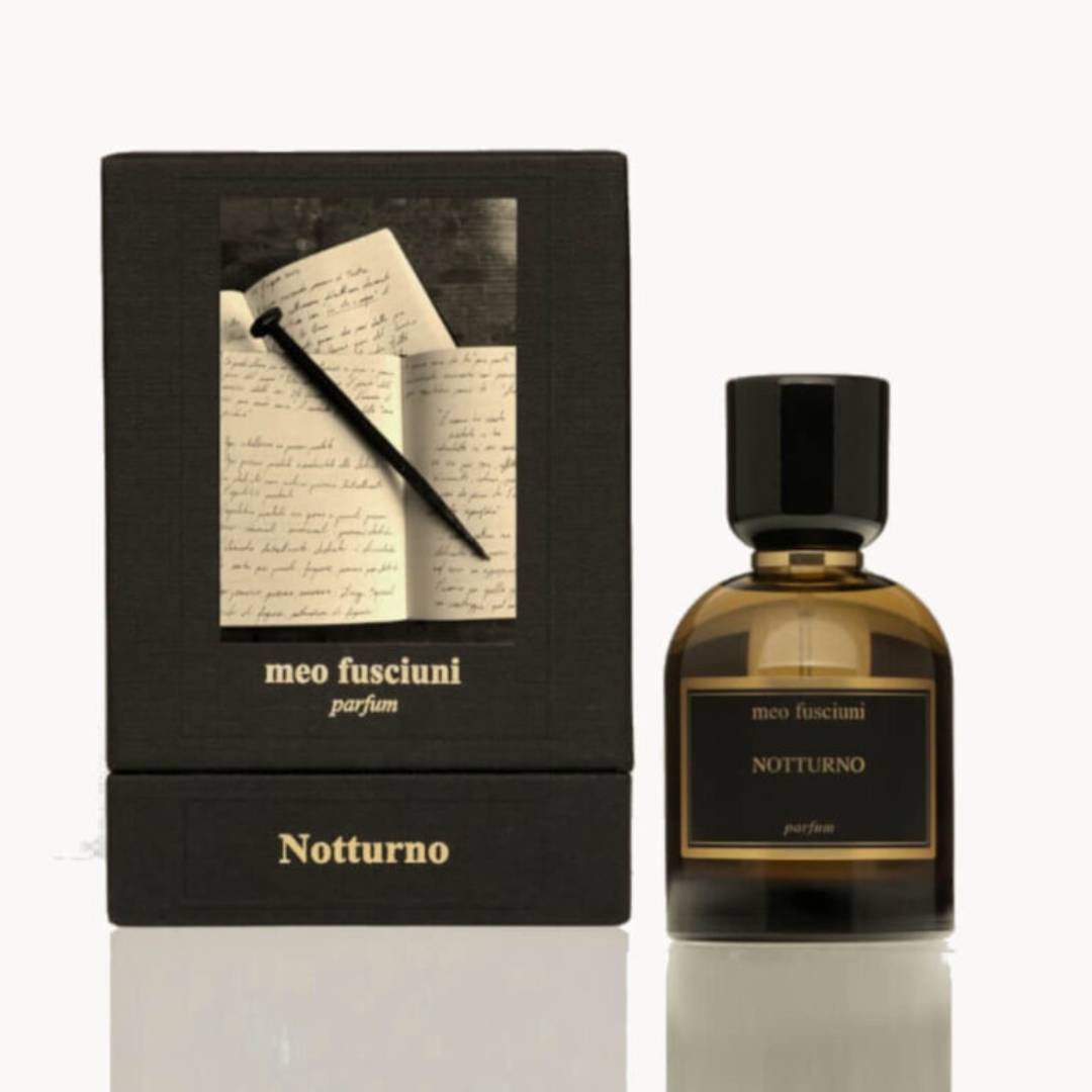 Box und Flakon von dem Eau de Parfum Notturno von Meo Fusciuni, poetischer Nischenduft mit literarischer Tiefe und nächtlicher Ruhe, erhältlich bei scent amor.