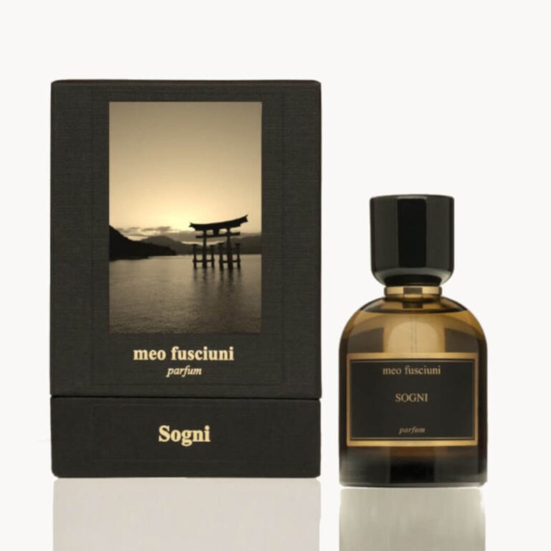 Box und Flakon von dem Eau de Parfum Sogni von Meo Fusciuni, eleganter Nischenduft mit aromatischer und holziger Tiefe, erhältlich bei scent amor.