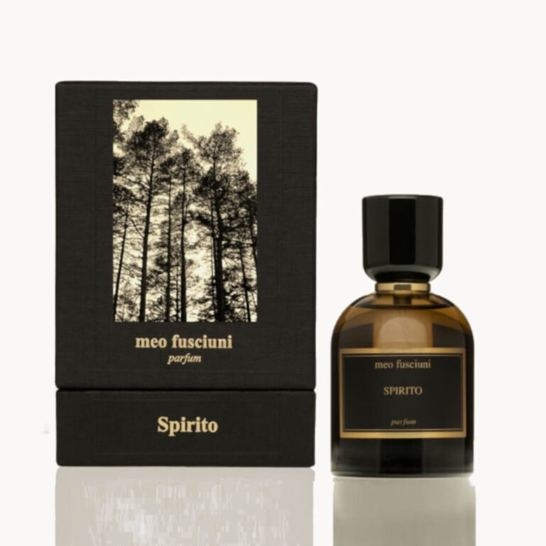 Box und Flakon von dem Eau de Parfum Spirito von Meo Fusciuni, eleganter Nischenduft mit ruhiger, spiritueller Holzigkeit, erhältlich bei scent amor.