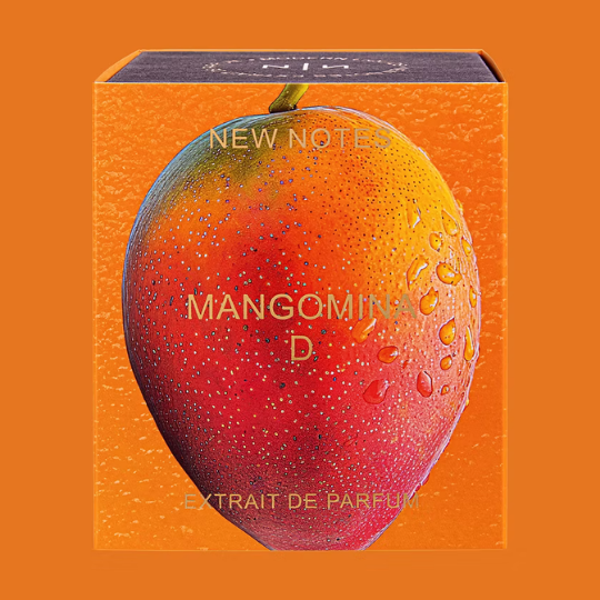 New Notes Mangomina D Extrait de Parfum, Verpackung mit großem Mango-Motiv und leuchtenden Orangetönen, exotische Duftpräsentation, erhältlich bei scent amor.