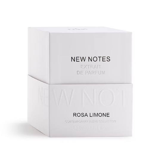 New Notes Rosa Limone Extrait de Parfum, minimalistische weiße Verpackung mit geprägtem Schriftzug und modernem Design, erhältlich bei scent amor.