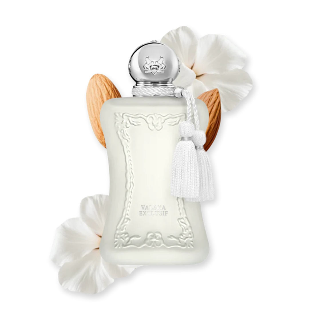 Duftbild zu dem Eau de Parfum Valaya Exclusif von Parfums de Marly mit weißen Blüten und Mandeln, zart, feminin und elegant interpretiert, erhältlich bei scent amor.