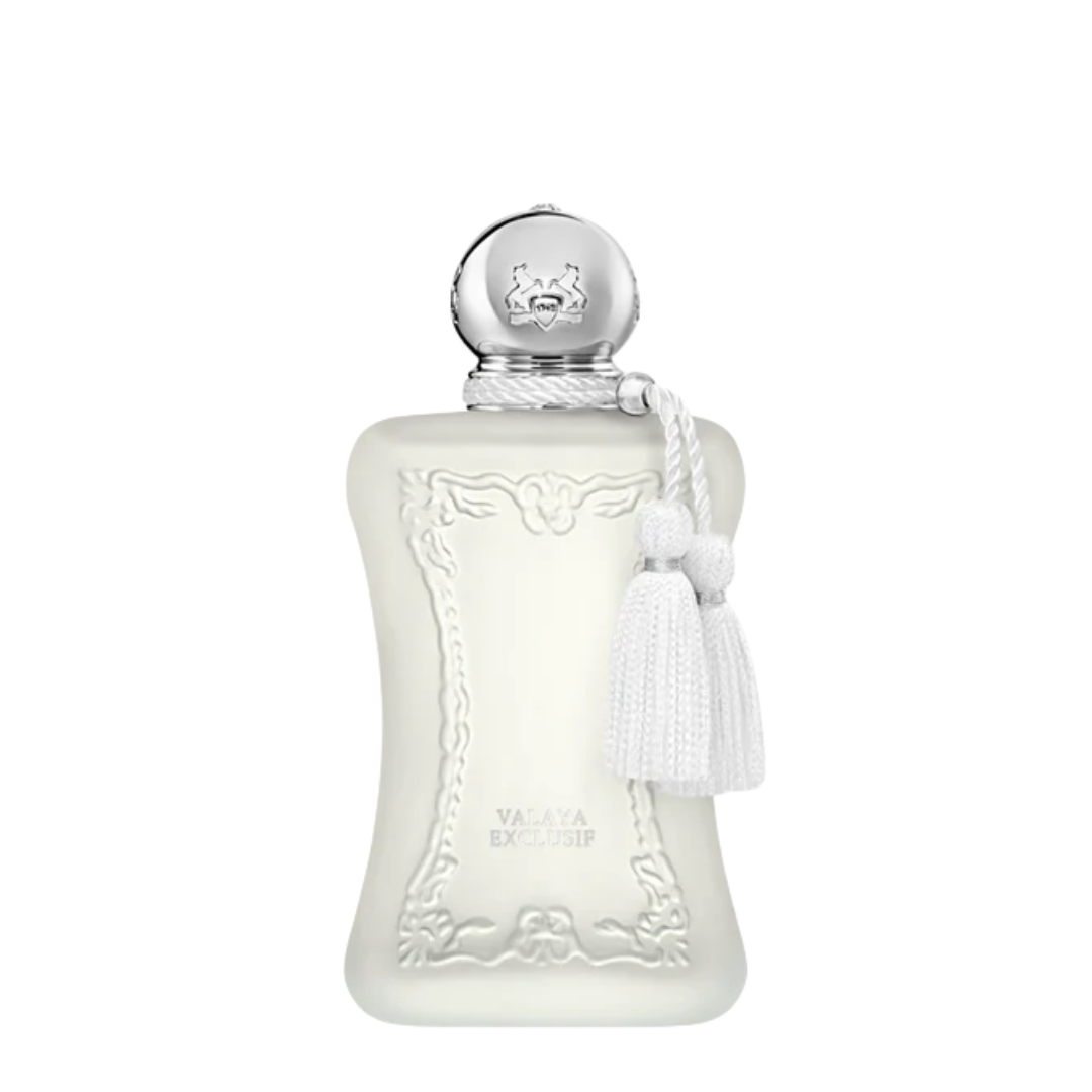 freigestellter Flakon von dem Eau de Parfum Valaya Exclusif von Parfums de Marly, cremig-pudriger Duft mit floraler Eleganz und weicher Moschusnote, erhältlich bei scent amor.