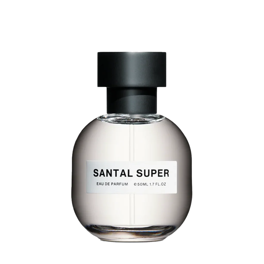 Runder, transparenter Flakon des Parfüms "Santal Super" von "SON VENÏN" mit schwarzem Deckel.