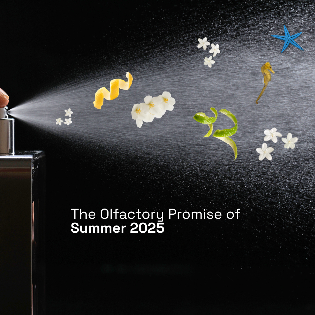 Eckiger Nischenduft Parfumflakon mit Sprühnebel darin Blüten für Sommer 2025