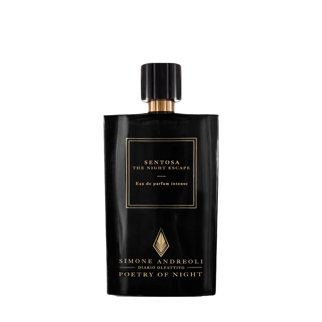 Schwarzer Parfümflakon mit goldener Schrift, "Sentosa, the Night Escape" von "Simone Andreoli" präsentiert bei scent amor deinem Fachmann für feine Nischendüfte