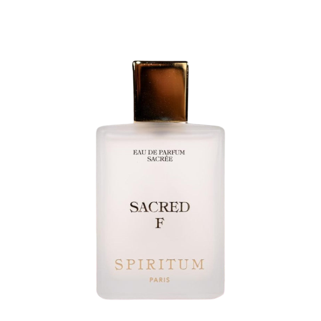 Spiritum Paris Sacred F Eau de Parfum, freigestellter Flakon mit goldener Kappe, eleganter und sanfter Duft, erhältlich bei scent amor