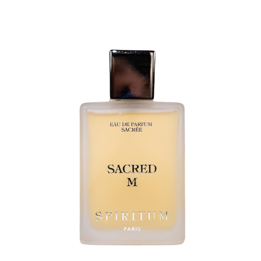 scent amor Spiritum Paris Sacred M Eau de Parfum, klarer freigestellter Flakon mit goldenem Duft, elegante Darstellung, erhältlich bei scent amor
