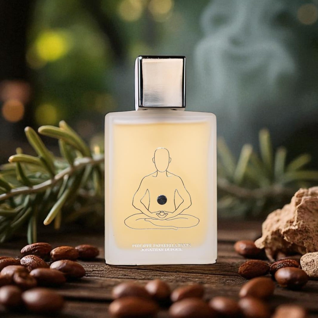 scent amor Spiritum Paris Sacred M Eau de Parfum, Flakon mit Meditationsillustration im natürlichen Umfeld, Kräuter und Bohnen im Hintergrund, erhältlich bei scent amor