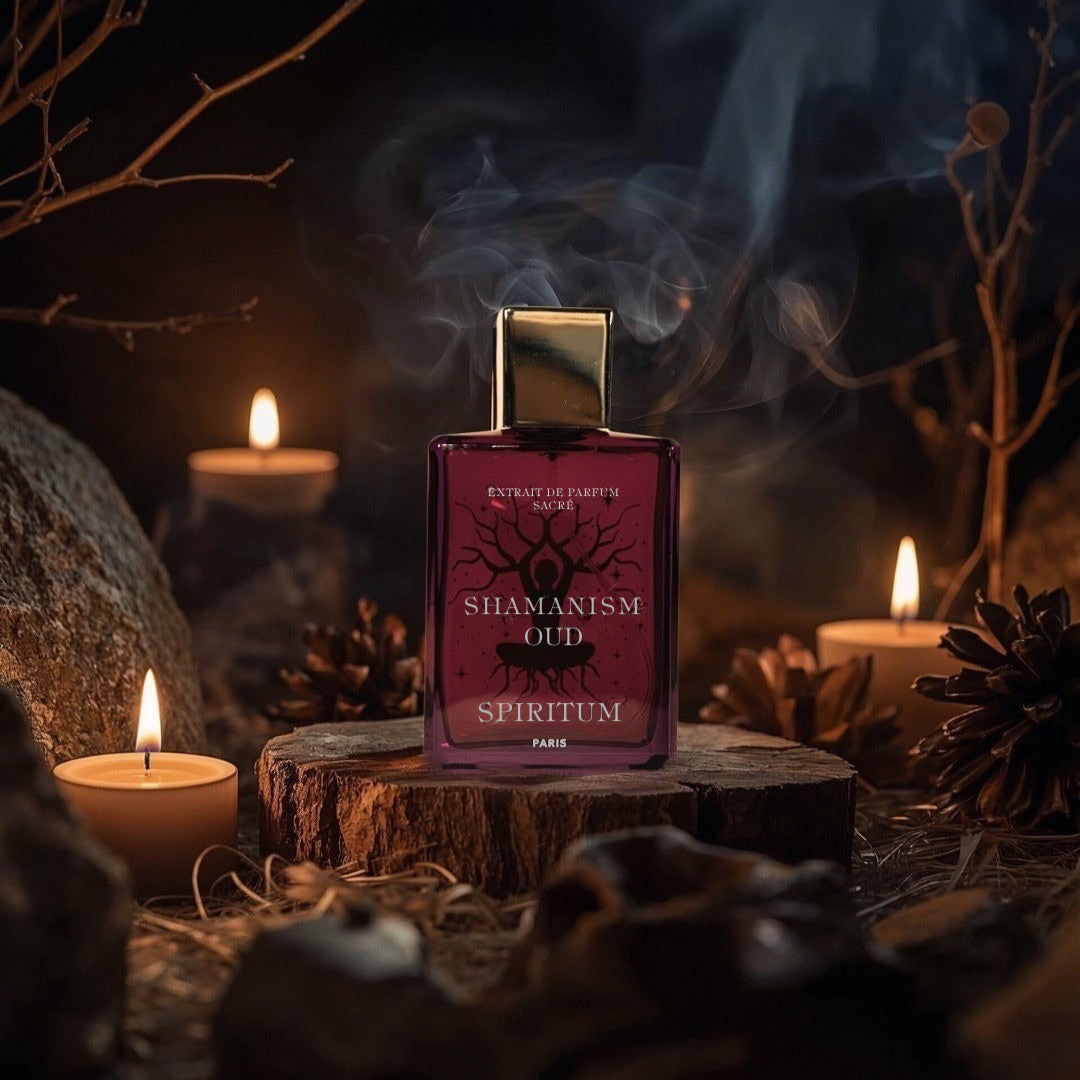 Spiritum Shamanism Oud Extrait de Parfum, Flakon inszeniert mit Kerzenlicht und Rauch, rituelle Stimmung und dunkle Eleganz, erhältlich bei scent amor.